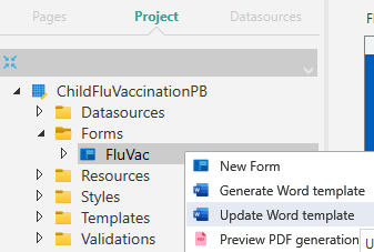 Picture showing the Update Word Template Option. 